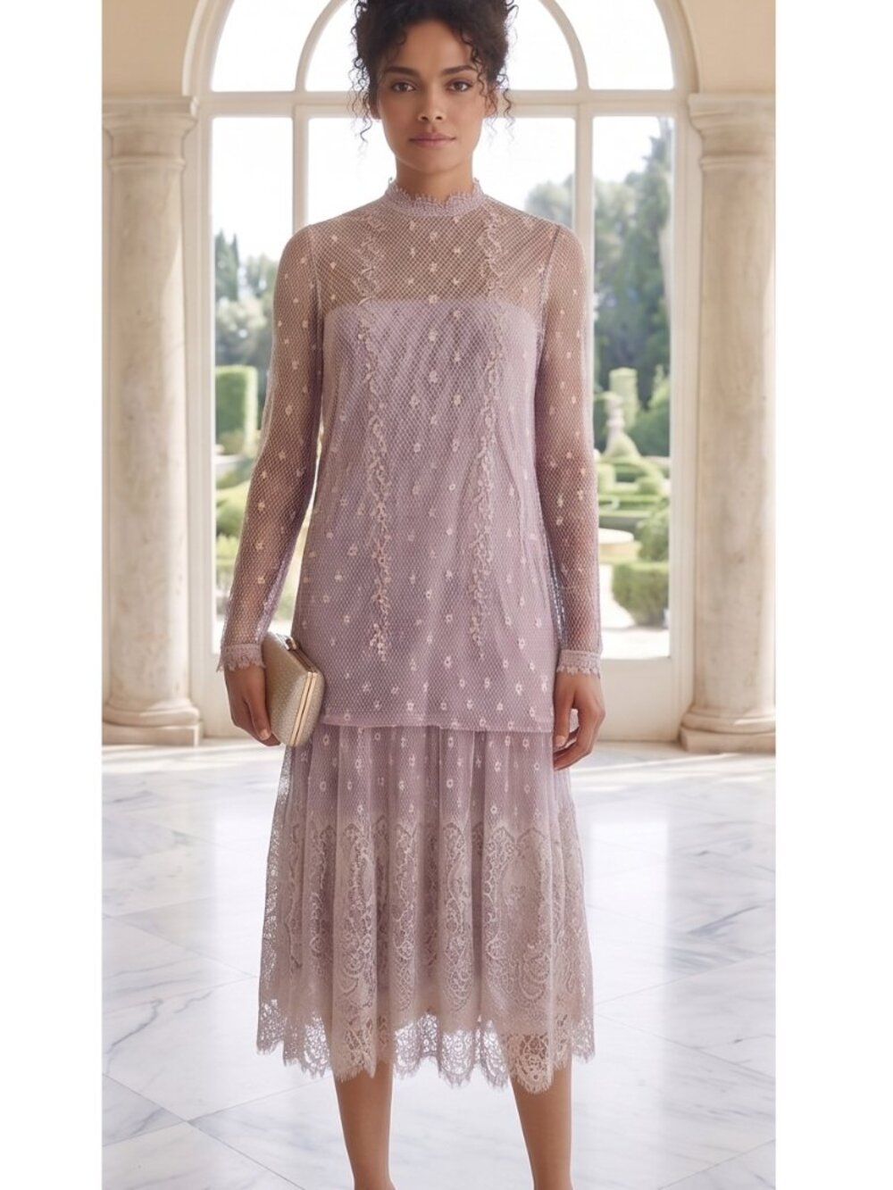 Rina di Montella Designer Mauve Lace Drop-Waist Evening/Garden Party Dress Sz 10